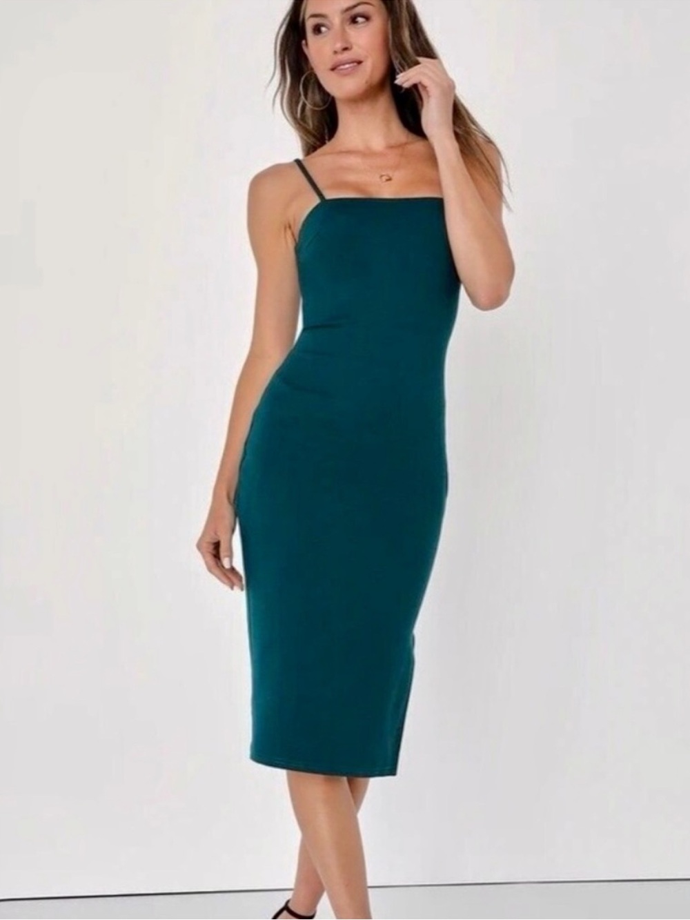 Lulu's Forrest Green Square-Neck Bodycon Midi Dress